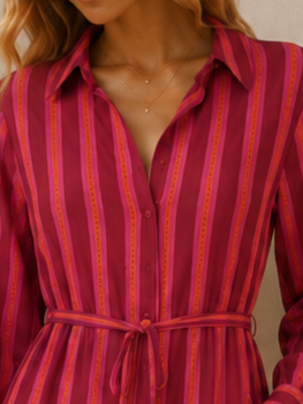 SugarLips Pink Magenta Belted Maxi Dress Size S Long Sleeve Tiered Shirt Dress - Picture 3 of 6